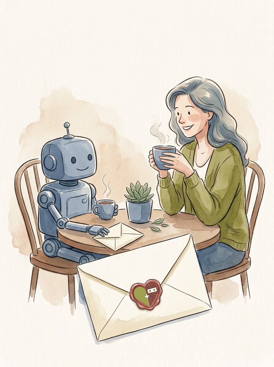 A person and a small robot share tea while a letter sealed with the Them heart sits on the table