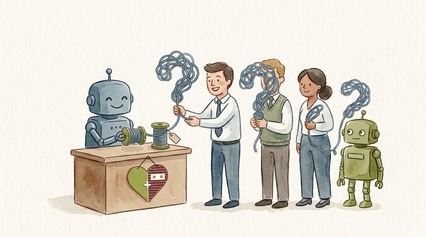 People and a small robot queue at a help desk, handing tangled question-mark threads to a robot who winds them into neat labeled spools
