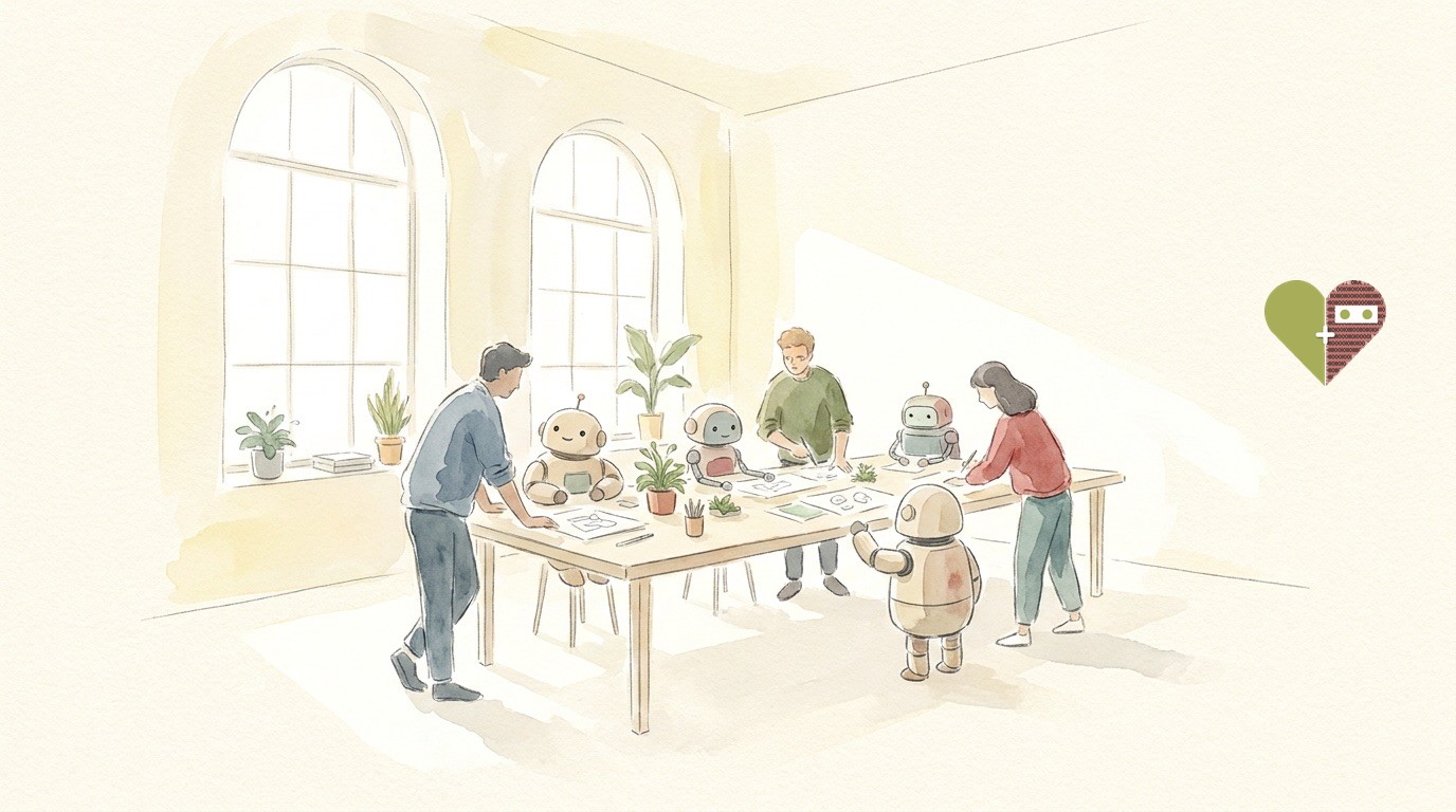 People and small robots working together around one table in the Them studio