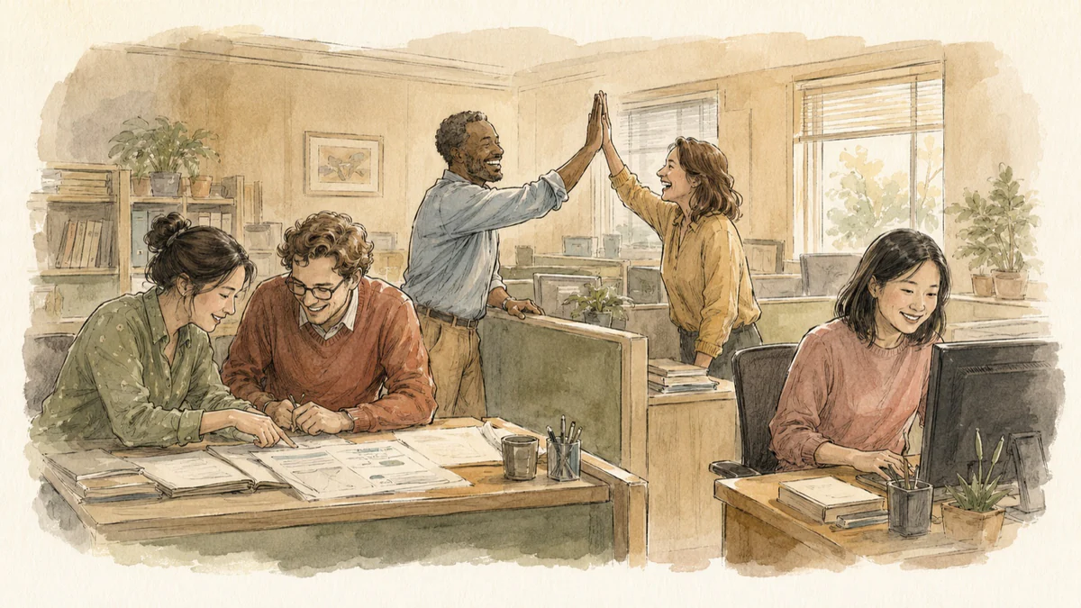 A team working together in a warm office, two of them sharing a high five