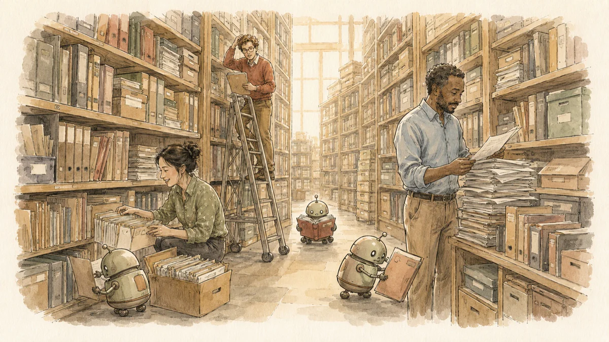 People searching endless archive shelves while small robots each carry a single folder alone
