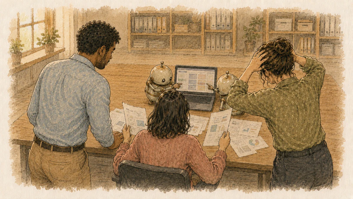 Teammates puzzling over scattered documents while two small robots gesture at a laptop