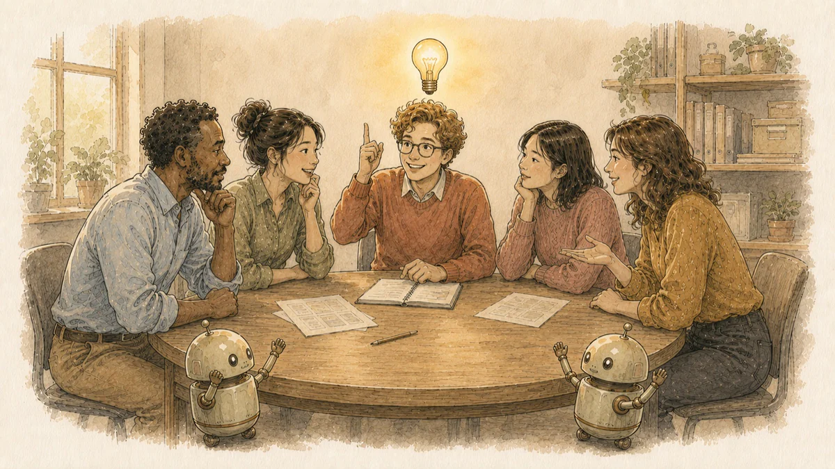 A team around a round table, one raising a finger under a glowing lightbulb, two small robots joining in