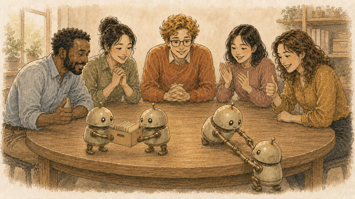 Small robots passing work to each other on the table while the team watches, delighted