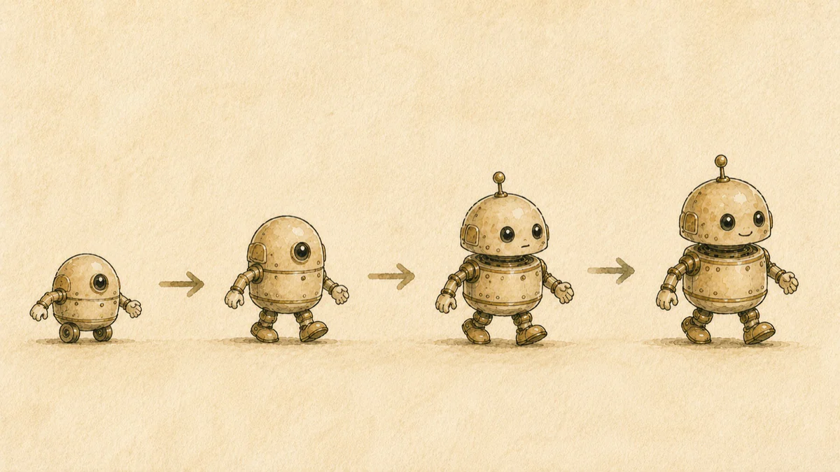 A little robot growing more capable in four steps, left to right