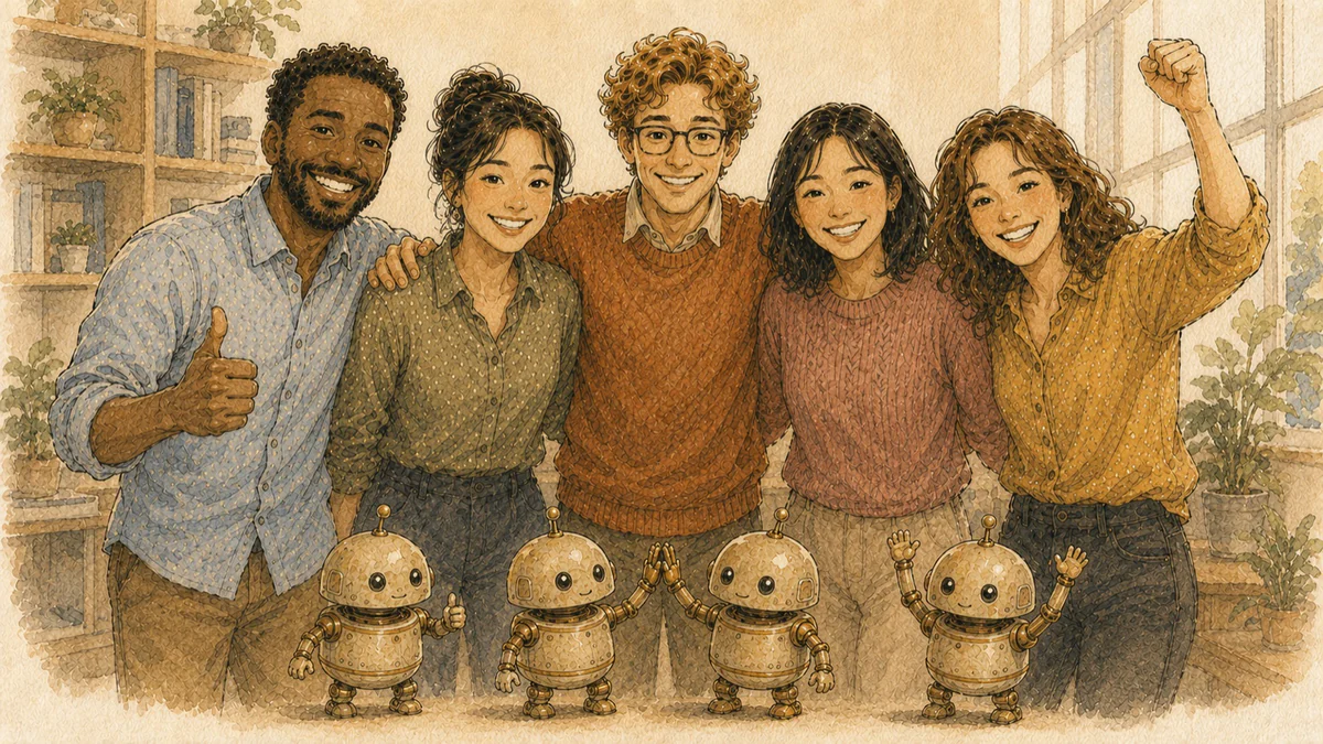 The whole team, humans and four small robots, celebrating together