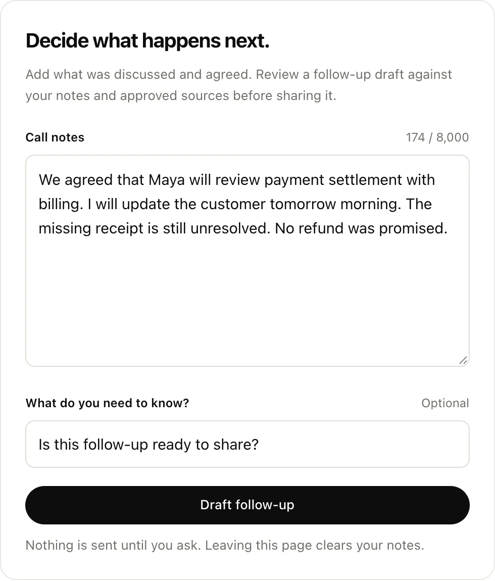 Call notes ready to prepare a reviewed follow-up in Them AI
