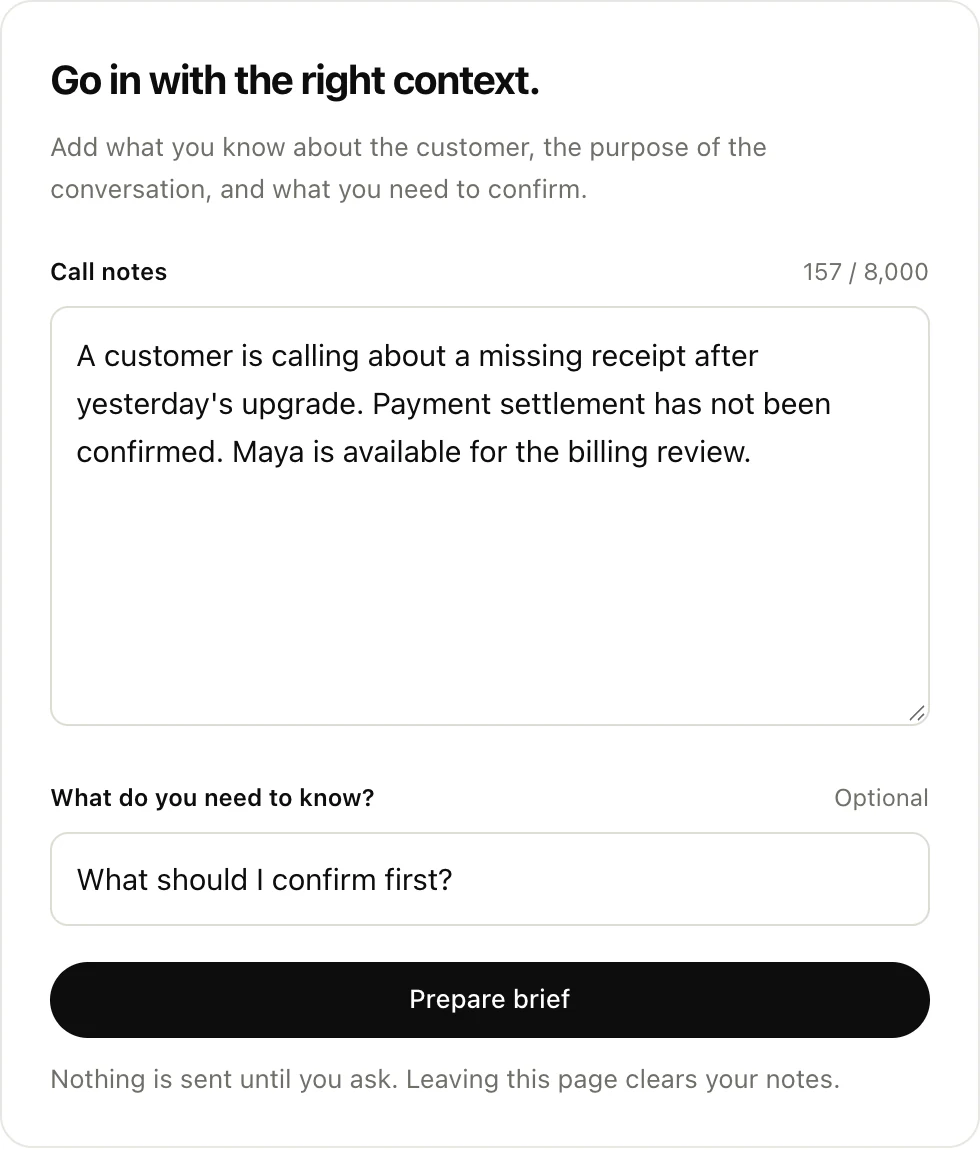 Preparing a call with customer notes and a specific question in Them AI
