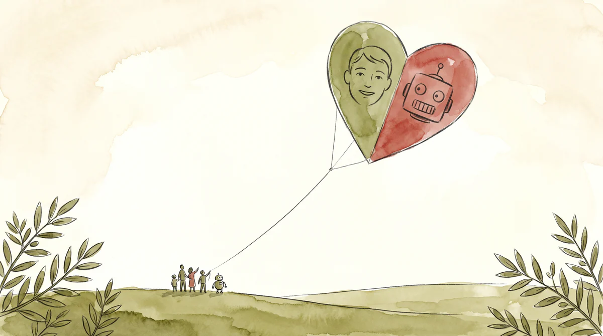 A heart-shaped kite flown by a small team on a hill