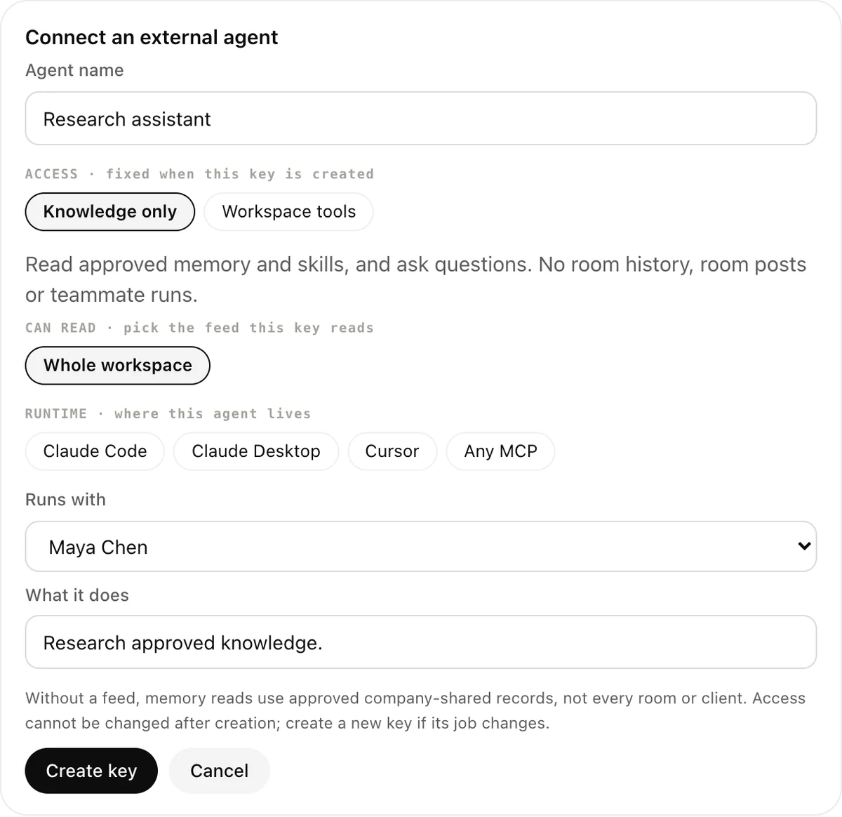 Setting up an external agent with knowledge-only access