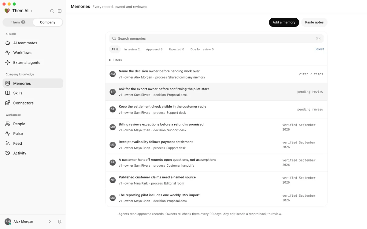 Company memory in Them AI, showing source records, owners and review status