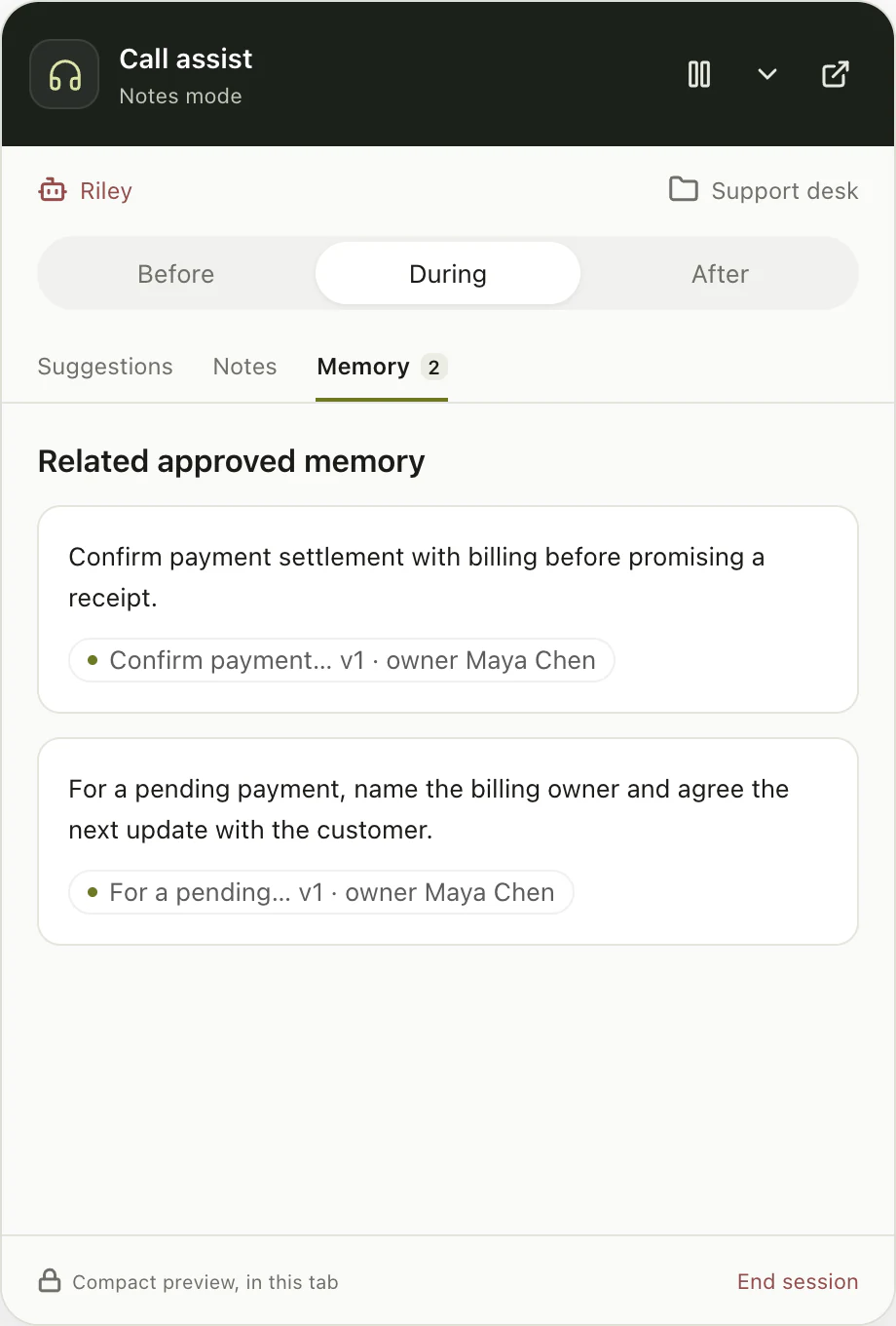 Riley shows approved payment guidance and source records in the Them AI Call assist overlay
