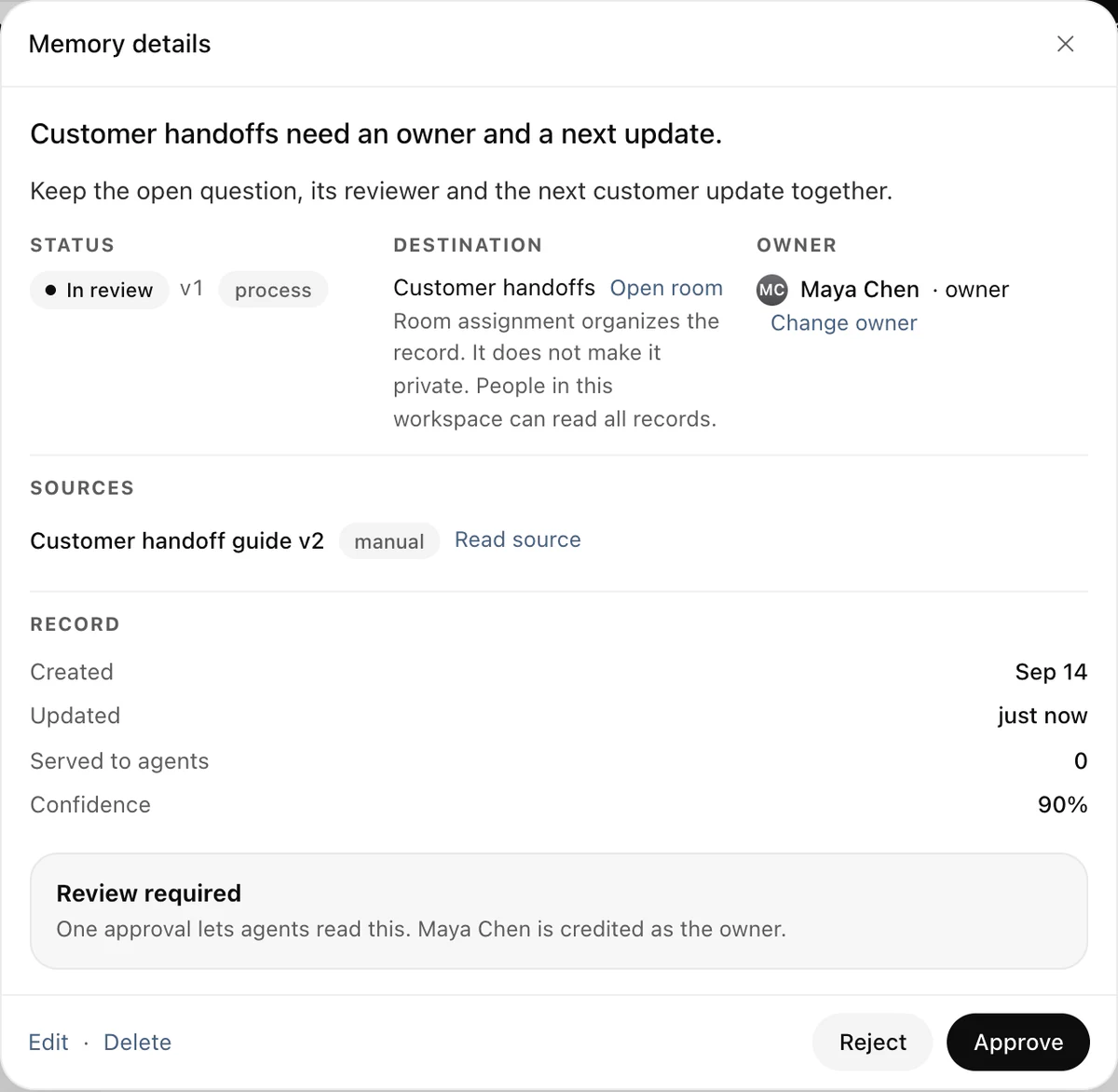 The review status and owner of a draft company record