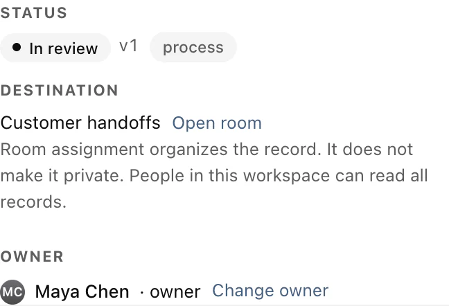 A draft company memory’s status, room and owner