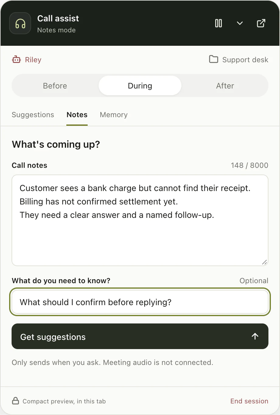 Riley in the Them AI Call assist overlay, with Support desk selected and notes about a customer's missing payment receipt