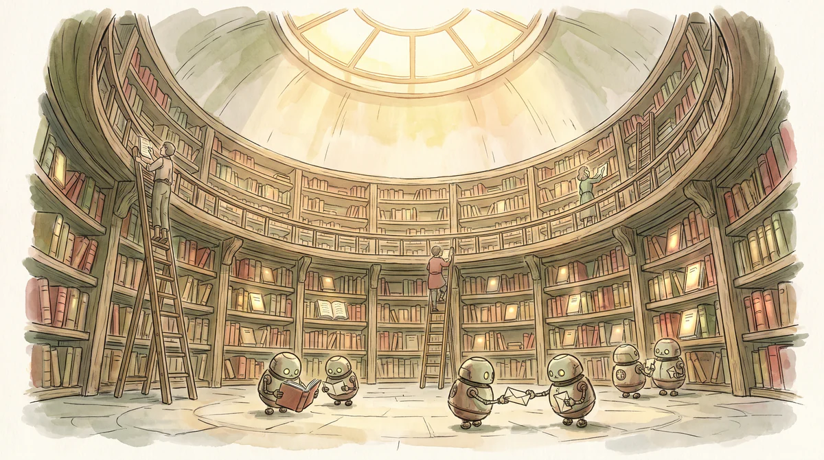 A round library growing in rings, people and robots keeping it alive