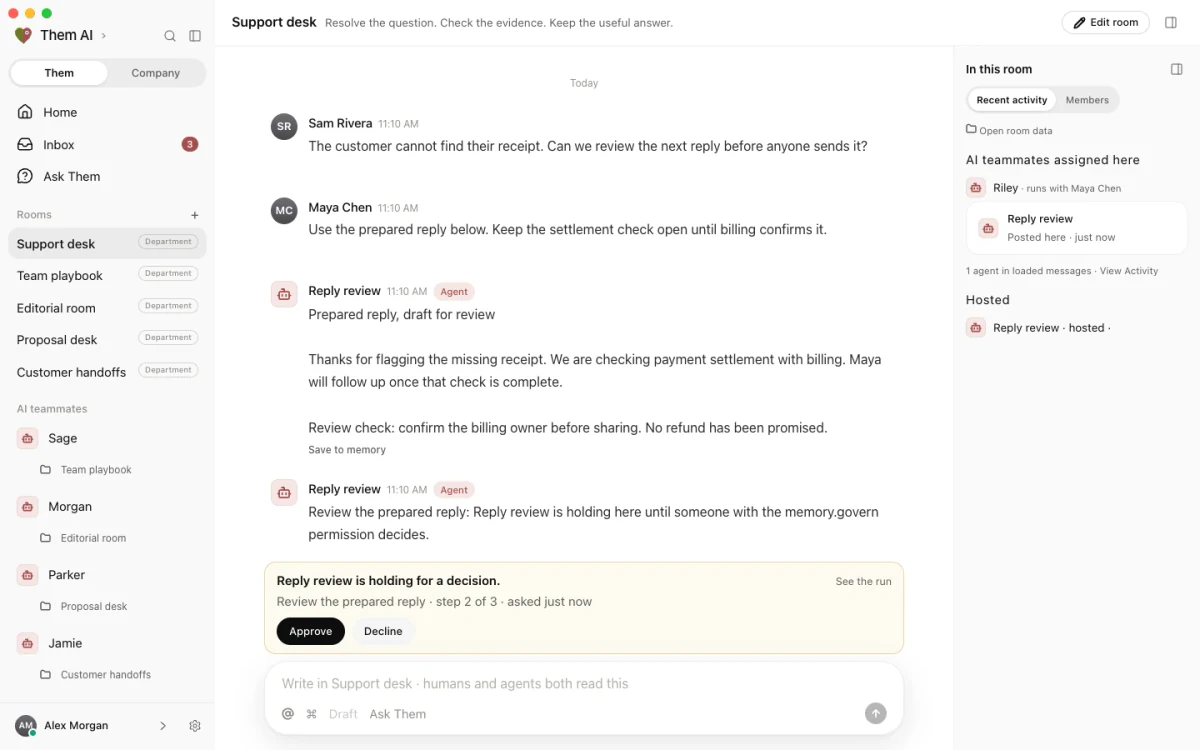 A Them AI room showing a prepared draft waiting for human review