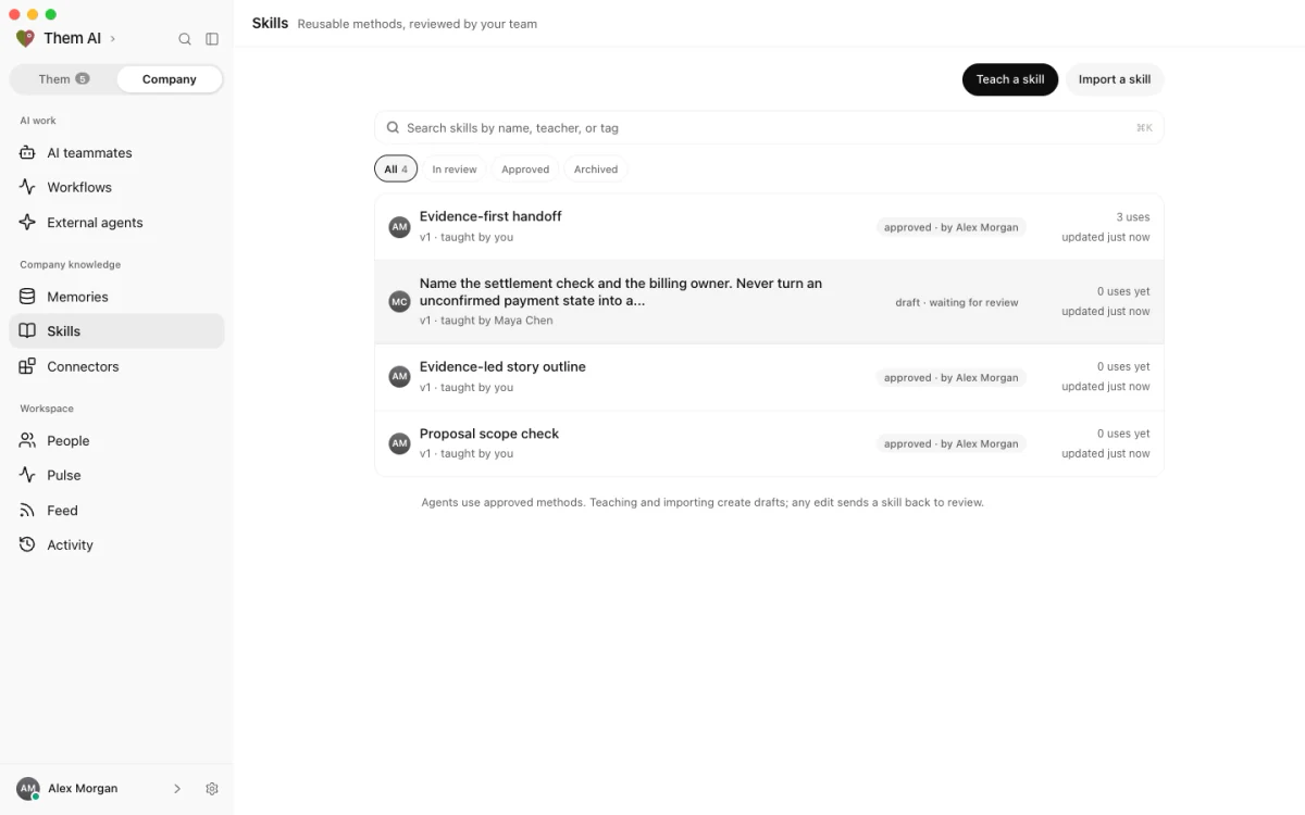 Skills and teammate training rules in Them AI with their scope and approval status