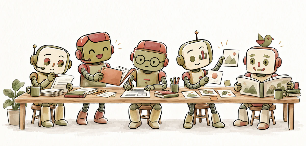 Five illustrated Them AI teammates working together: Riley checks notes, Jamie shares a folder, Parker writes, Morgan plans a story and Sage reads with a bird perched on its head