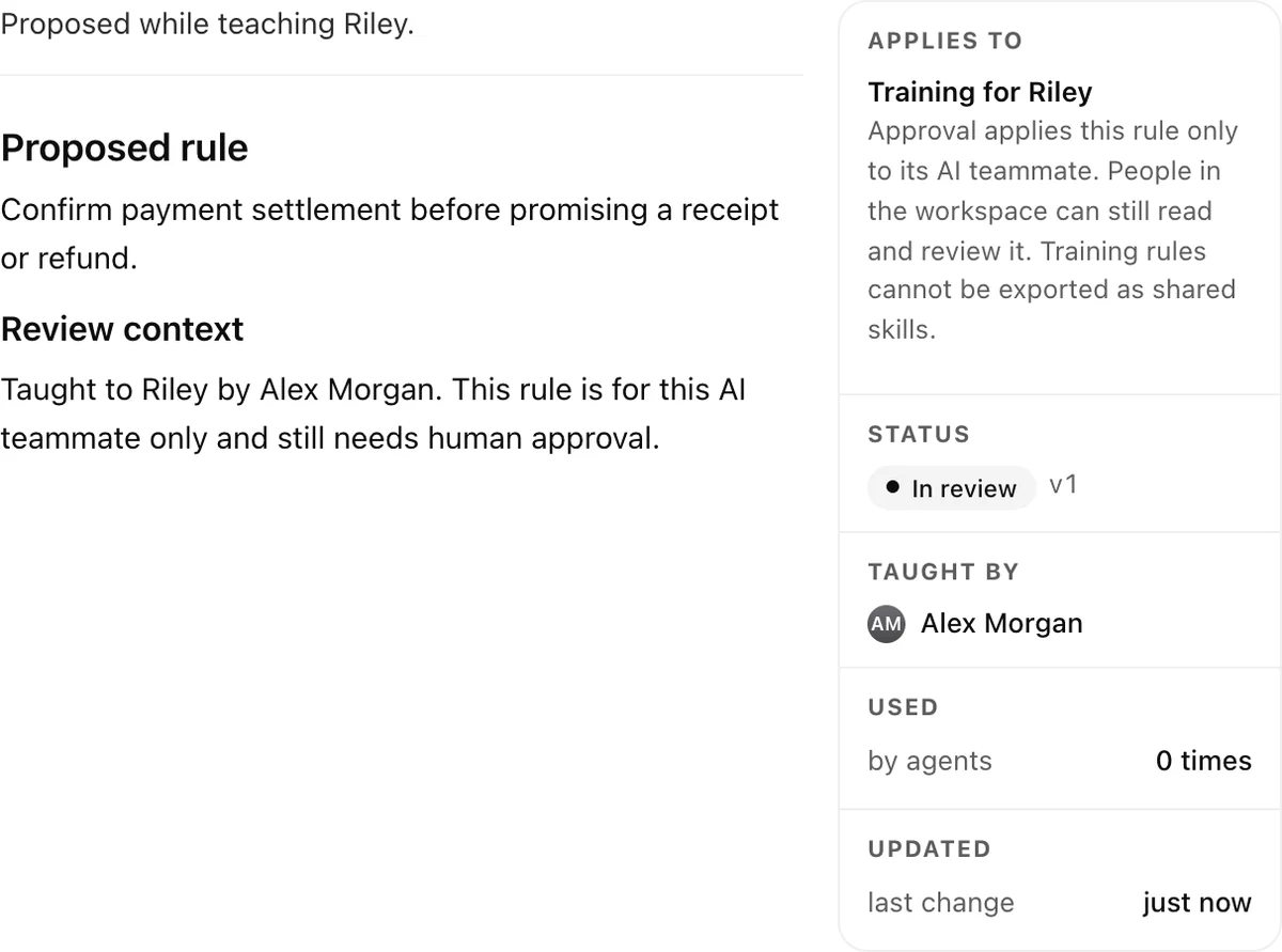 A proposed skill’s review status and teammate-specific scope