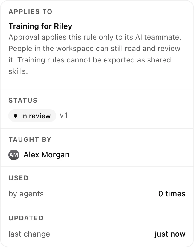 Training for Riley, with the person who taught it and its review state