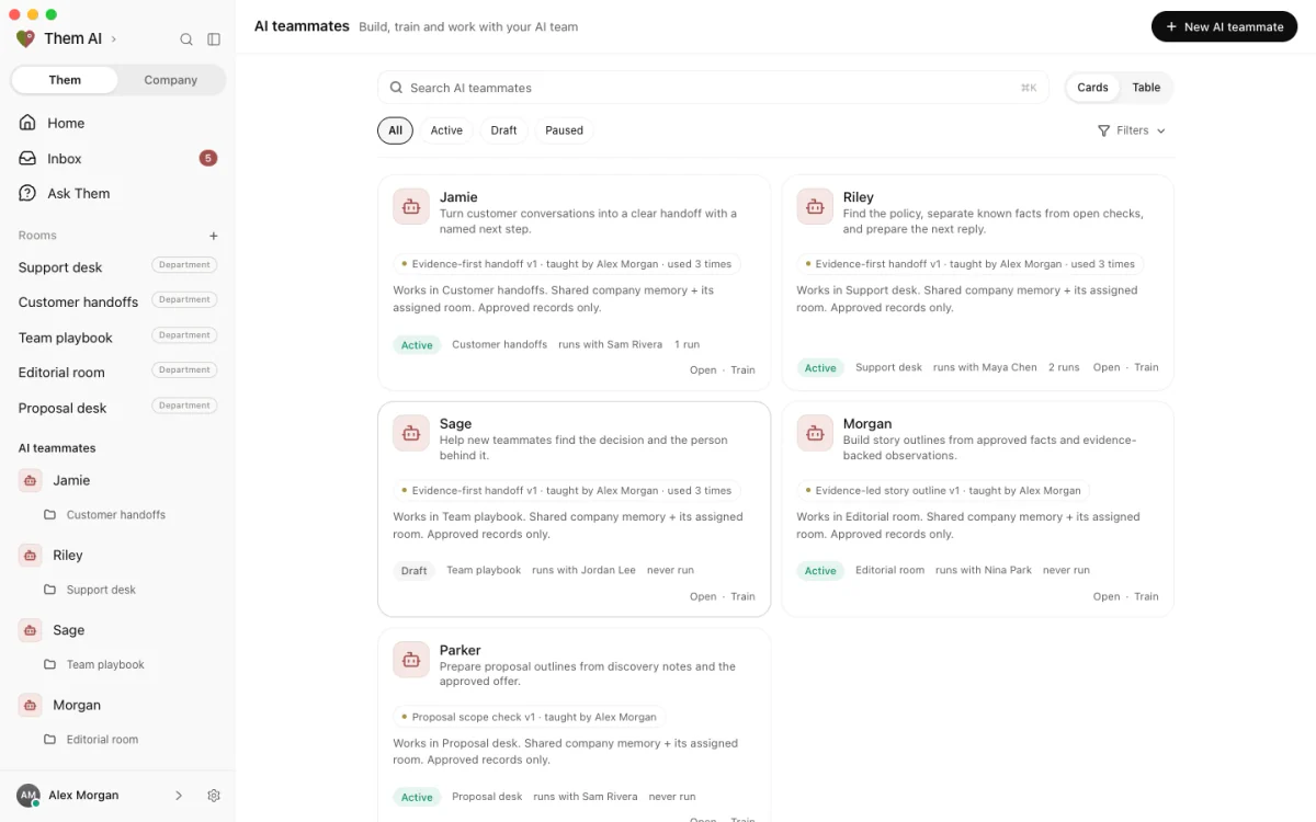 The AI teammates directory in Them AI, with search, status filters and named teammates