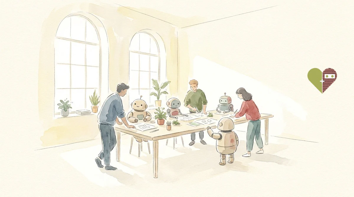 People and AI teammates working around one table in a shared studio, with the Them AI heart logo on the wall