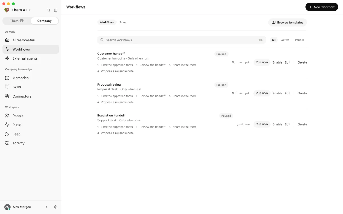 The Workflows screen in Them AI, with saved workflows and their review steps