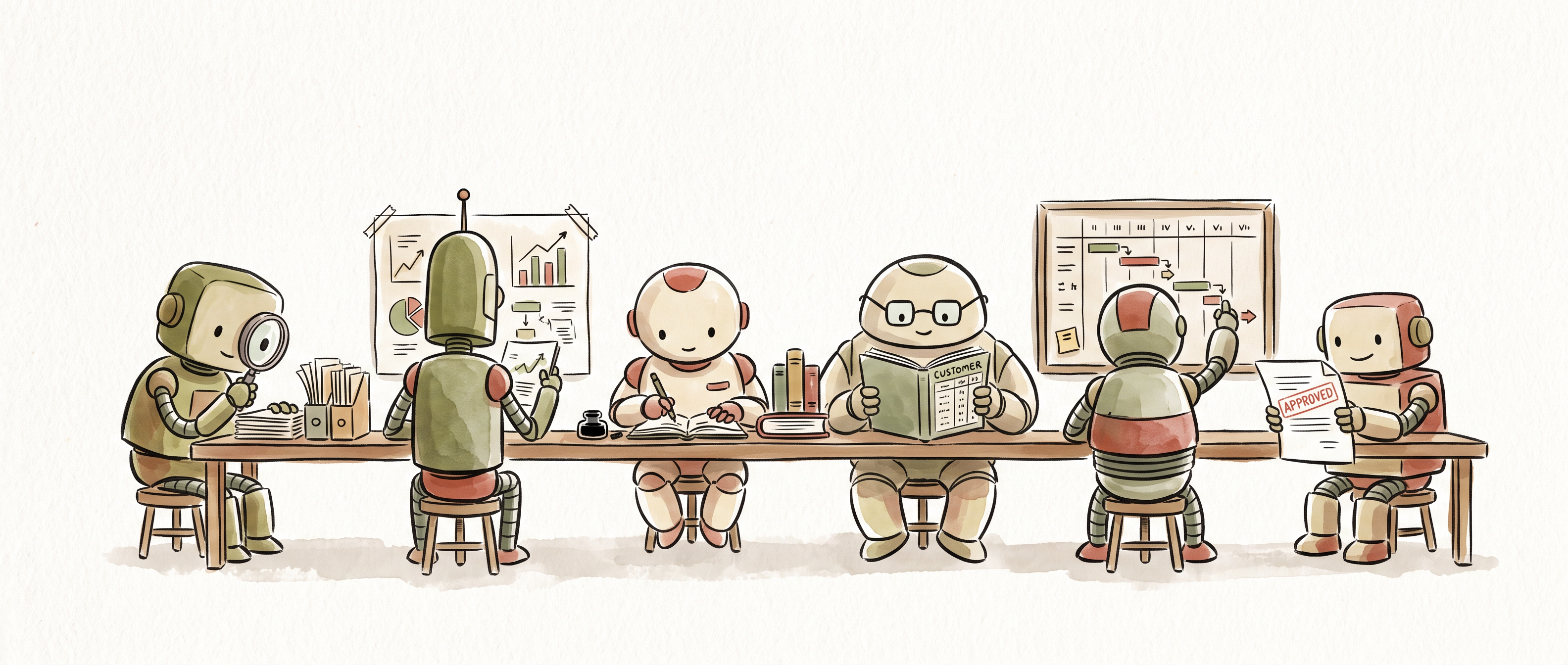Six specialised AI teammates at one desk