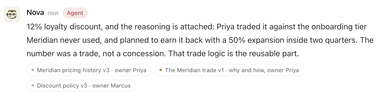 A real answer with its reasoning and three cited memories